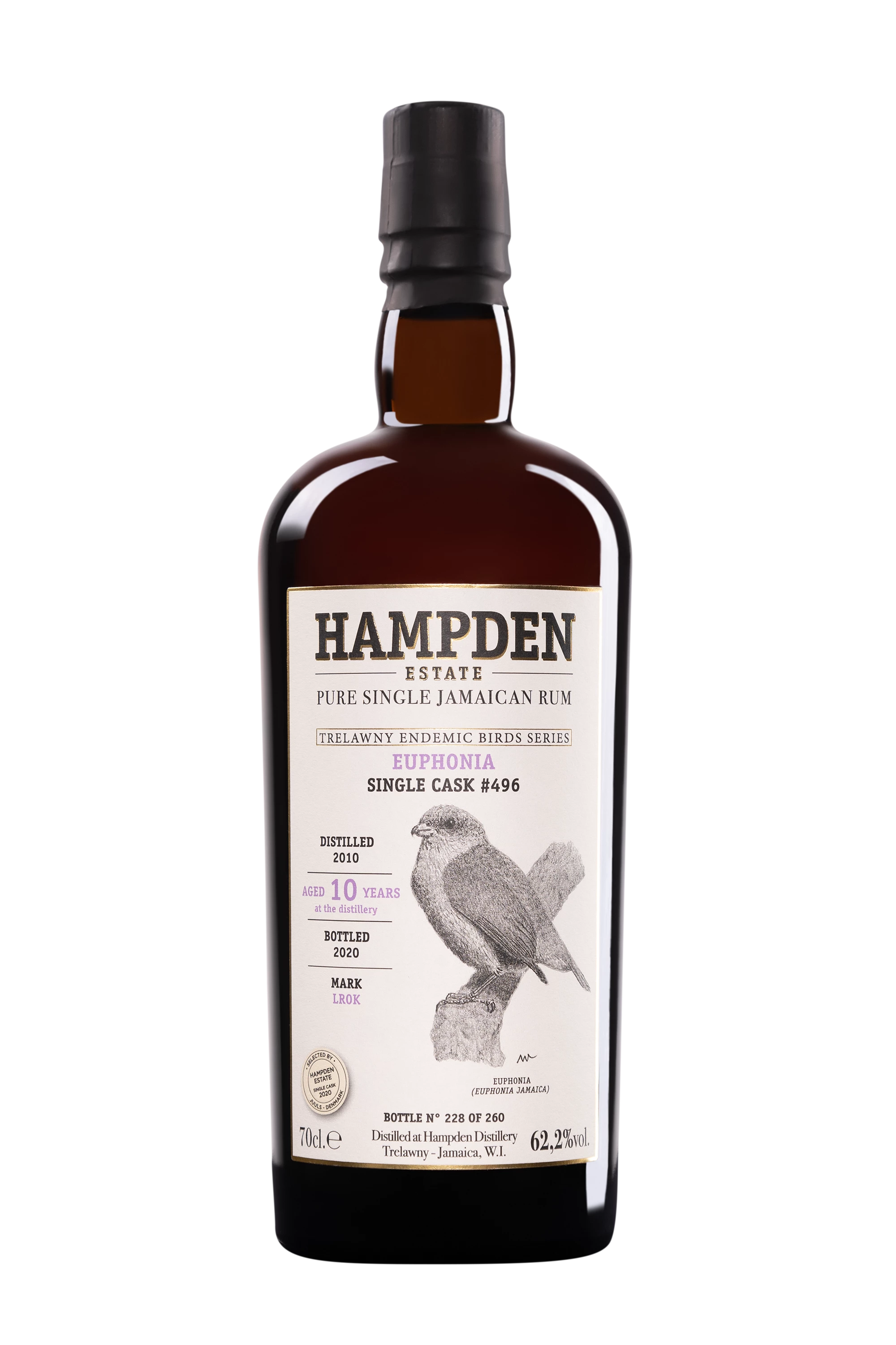 Hampden - Molasses Jamaican Rhum "10 Ans LROK Euphonia - Single Cask #496 - Trewlany Endemic Birds Series" Brun 2010 62.2° Giftbox, 70cl