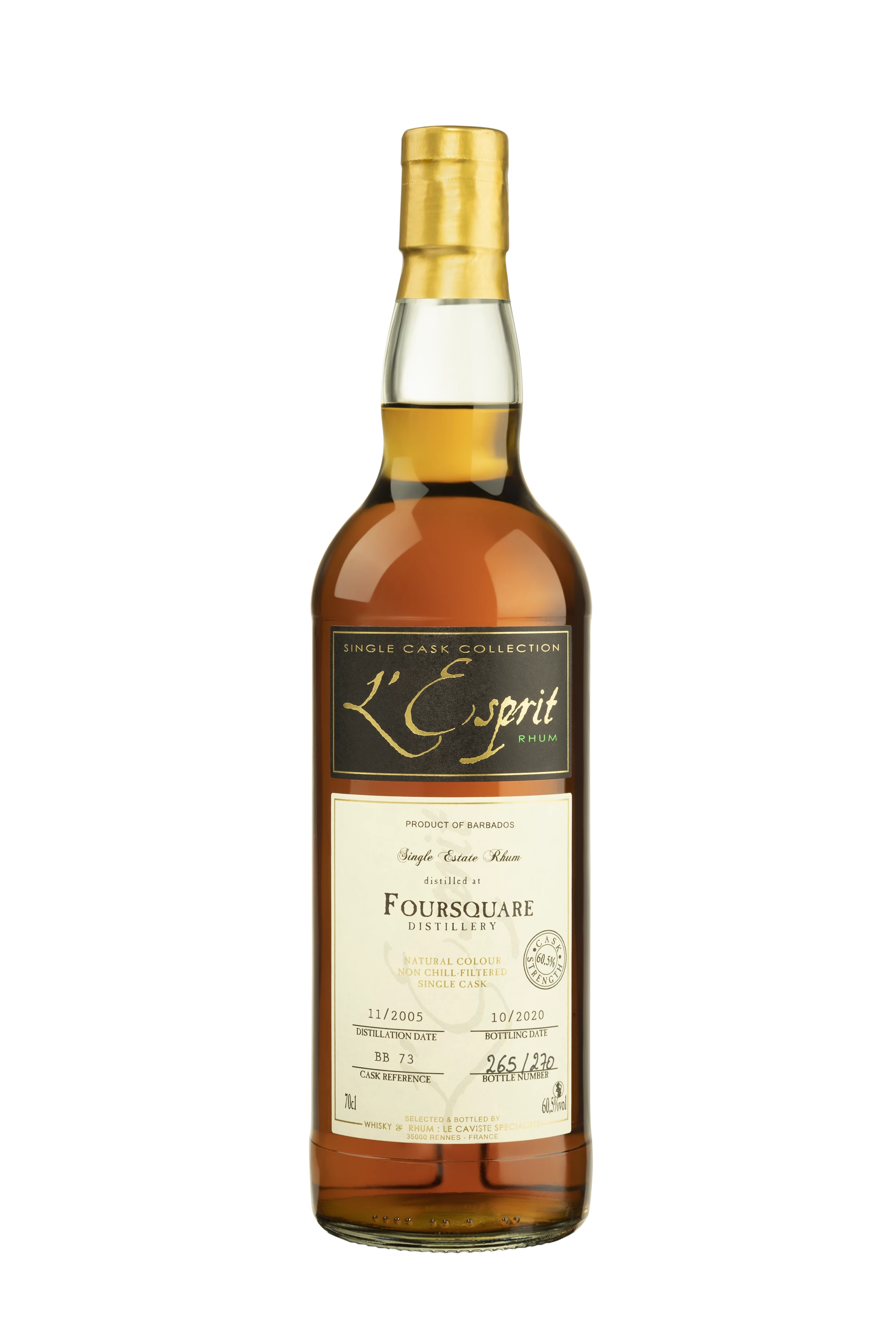 L'Esprit Rhum - Molasses Barbados Rhum "14 Ans Foursquare - Single Cask Collection BB73 - Release 2020" Brun 2005 60.5° Giftbox, 70cl