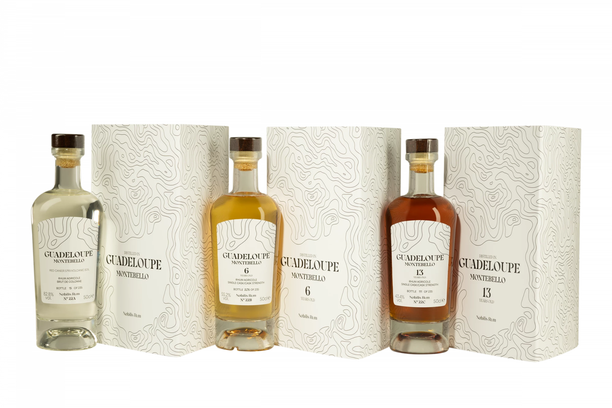 Nobilis Rum - Rhum Agricole de Guadeloupe "Montebello - Coffret 3 x 50cl : 1 x Brut de Colonne Blanc 82.8° - 1 x 6 Ans Brun 55.2° - 1 x 13 Ans Brun 43.4° - Single Cask - N°22" 60.46° Giftbox, 150cl