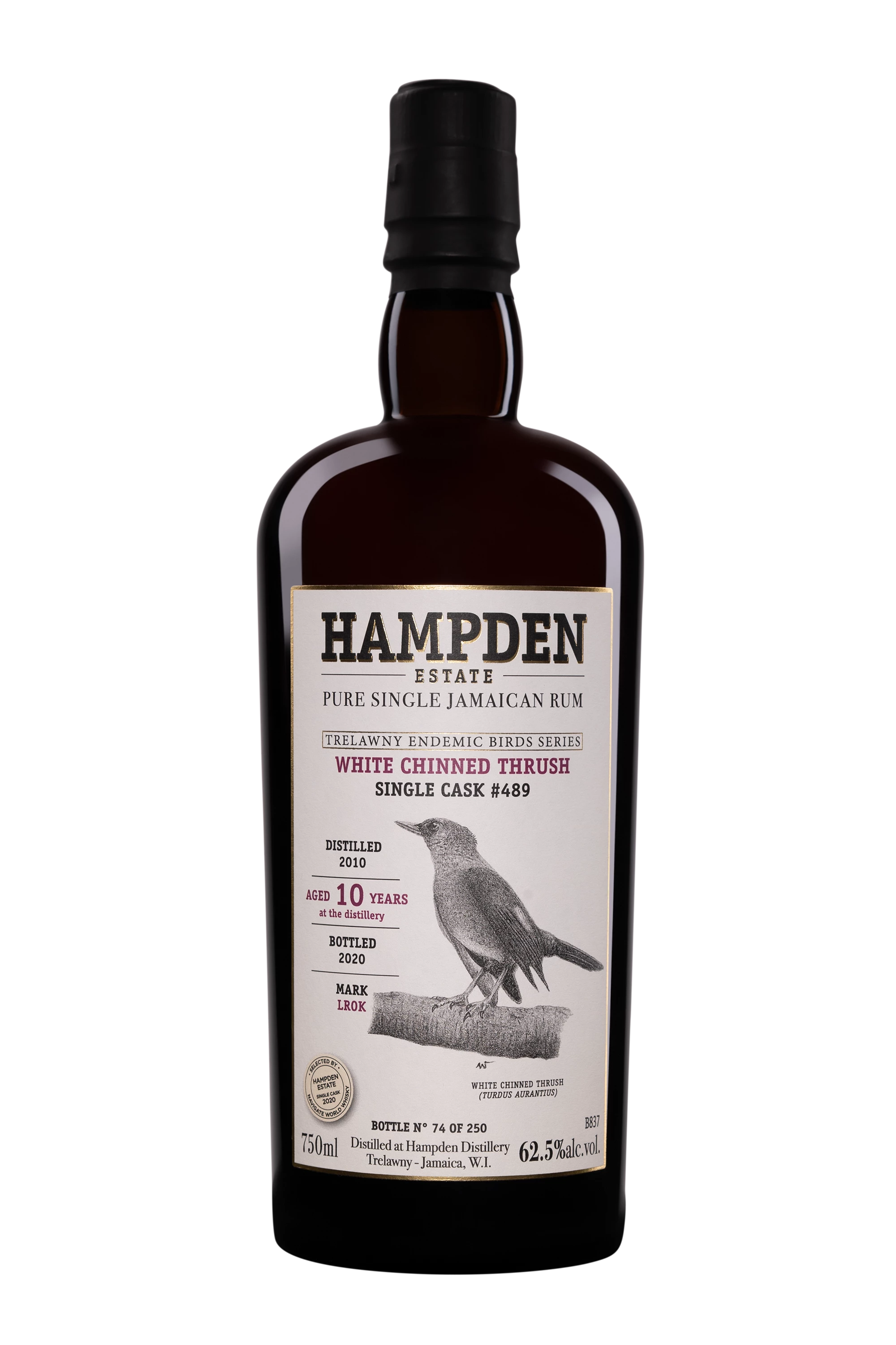 Hampden - Molasses Jamaican Rhum "10 Ans LROK White Chinned Thrush - Single Cask #489 - Trewlany Endemic Birds Series" Brun 2010 62.3° Giftbox, 70cl