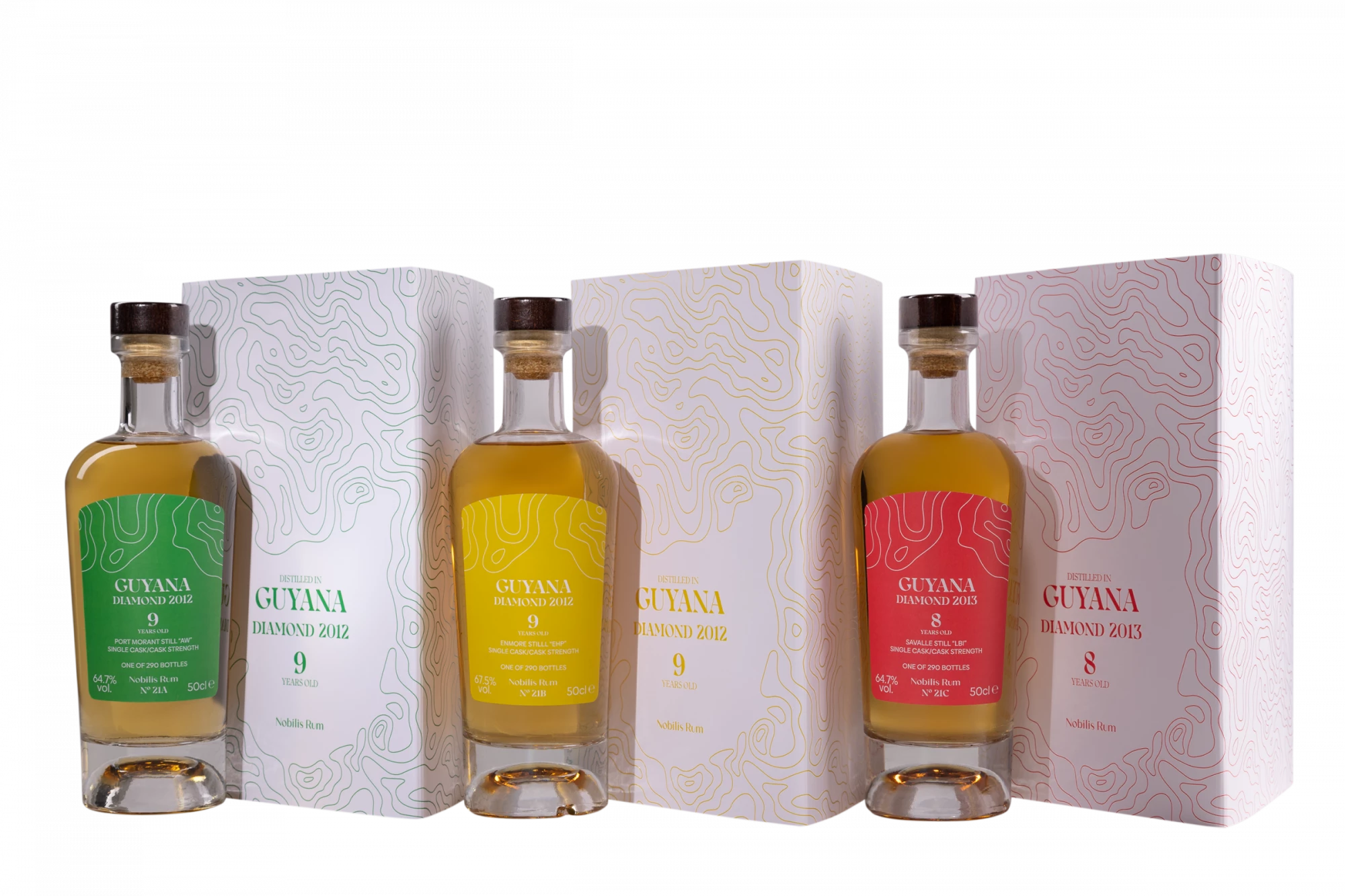 Nobilis Rum - Molasses British Guyana Rhum "Diamond - Coffret 3 x 50cl : 1 x Port Mourant Still AW 2002 64.7° - 1 x Enmore Still EHP 2012 67.5° - 1 x Savalle Still LBI 2013 64.7° - Single Cask - N°21" Brun 65.63° Giftbox, 150cl