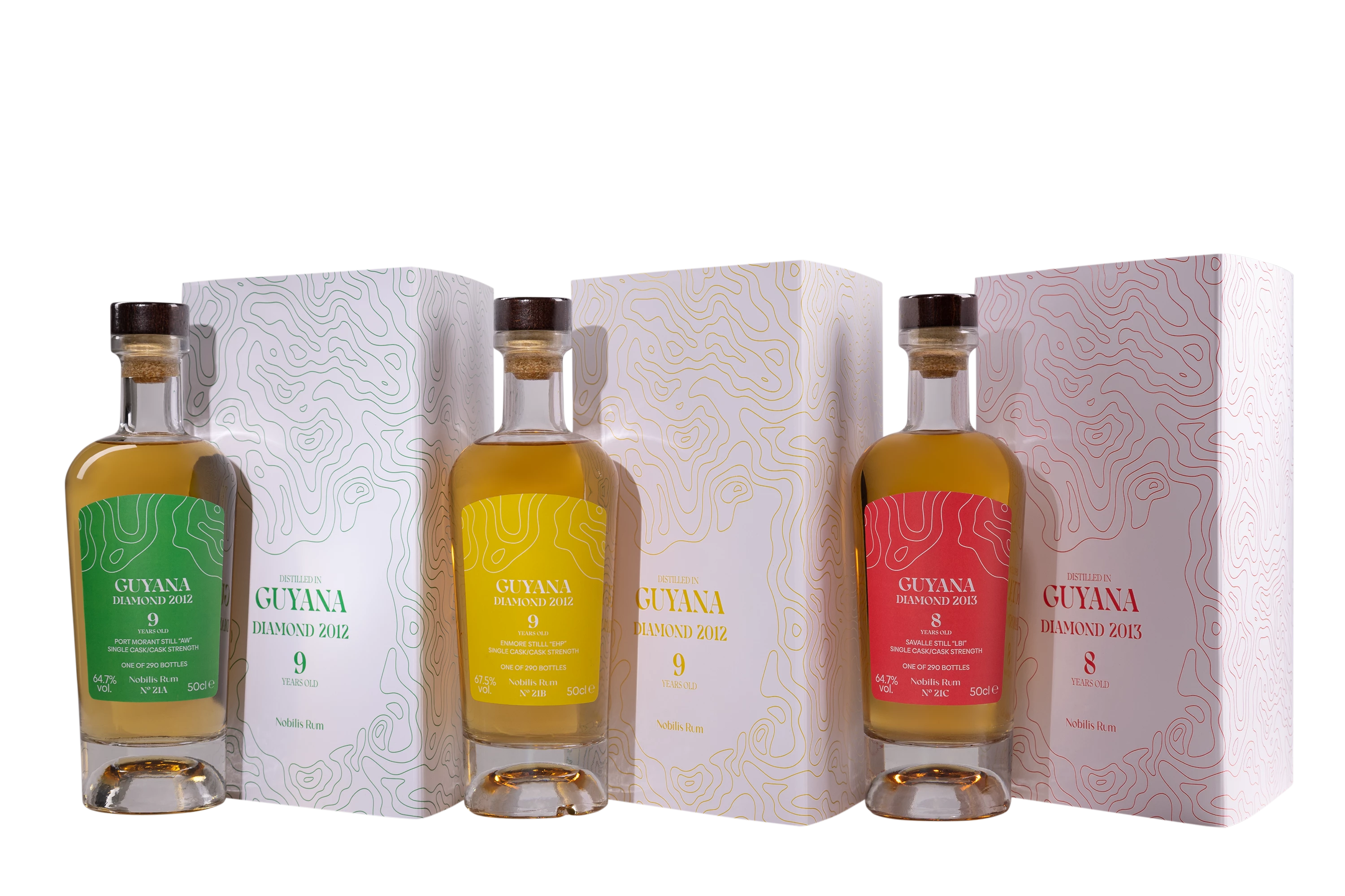 Nobilis Rum - Molasses British Guyana Rhum "Diamond - Coffret 3 x 50cl : 1 x Port Mourant Still AW 2002 64.7° - 1 x Enmore Still EHP 2012 67.5° - 1 x Savalle Still LBI 2013 64.7° - Single Cask - N°21" Brun 65.63° Giftbox, 150cl