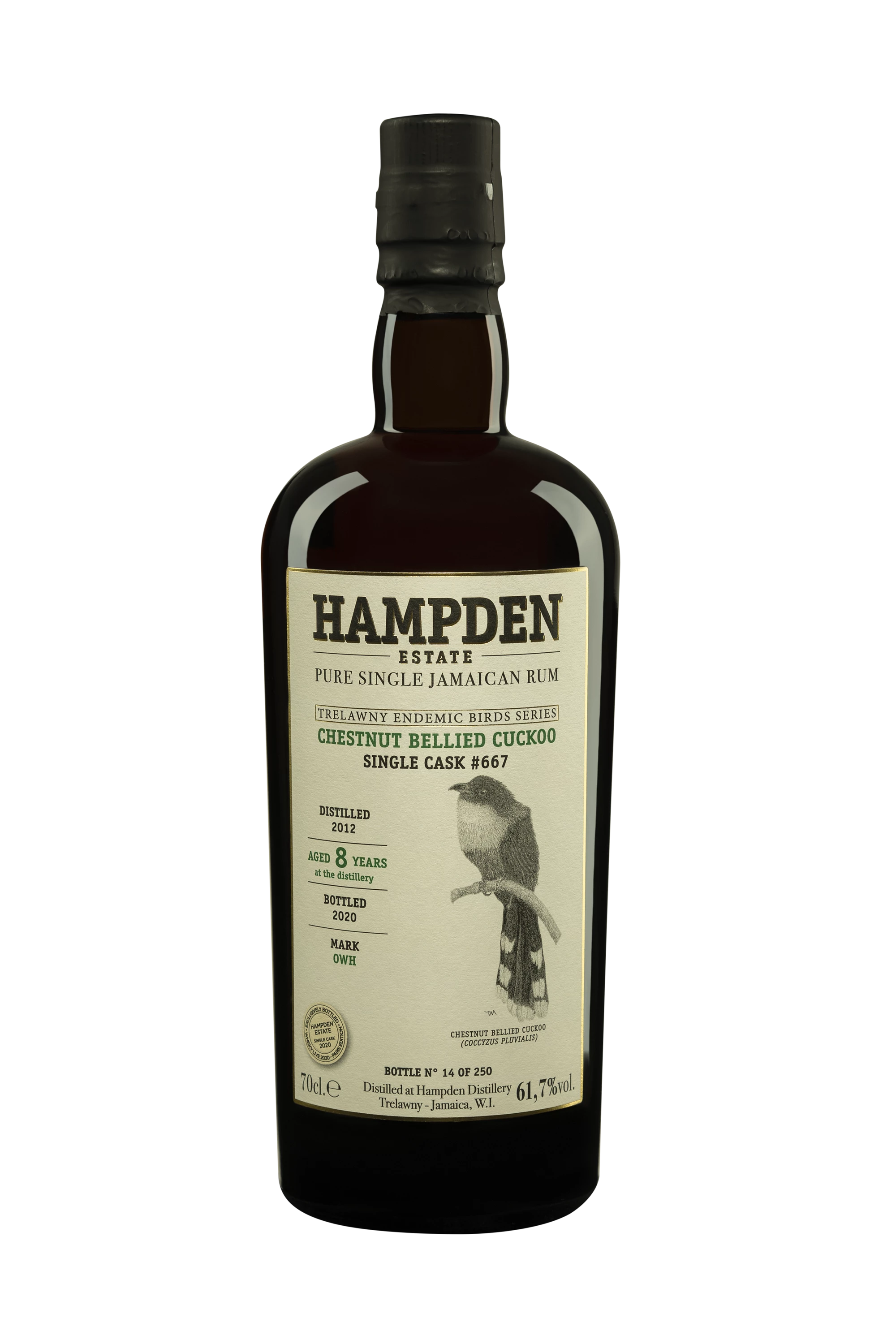 Hampden - Molasses Jamaican Rhum "8 Ans OWH Chestnut Bellied CUCK00 - Single Cask #667 - Trewlany Endemic Birds Series" Brun 2012 61.7° Giftbox, 70cl