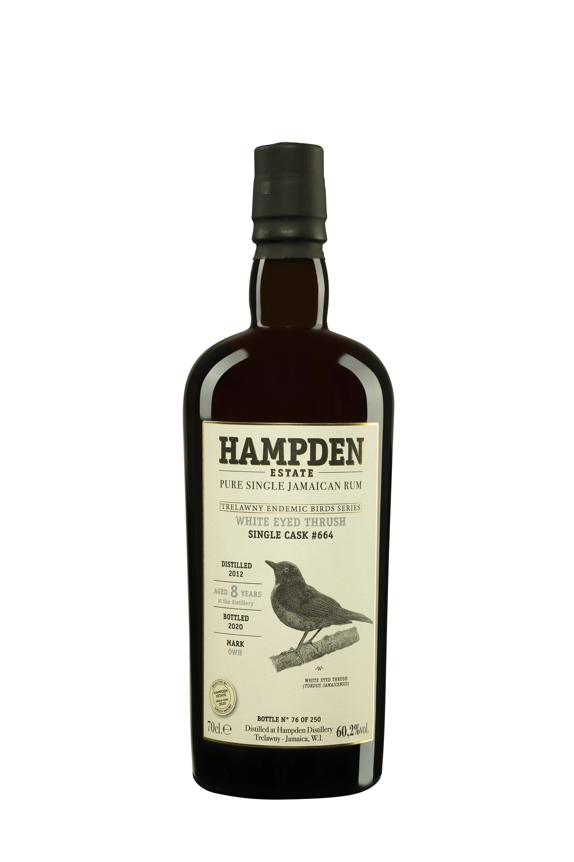 Hampden - Molasses Jamaican Rhum "8 Ans OWH White Eyed Thrush - Single Cask #664 Trewlany Endemic Birds Series" Brun 2012 60.2° Giftbox, 70cl