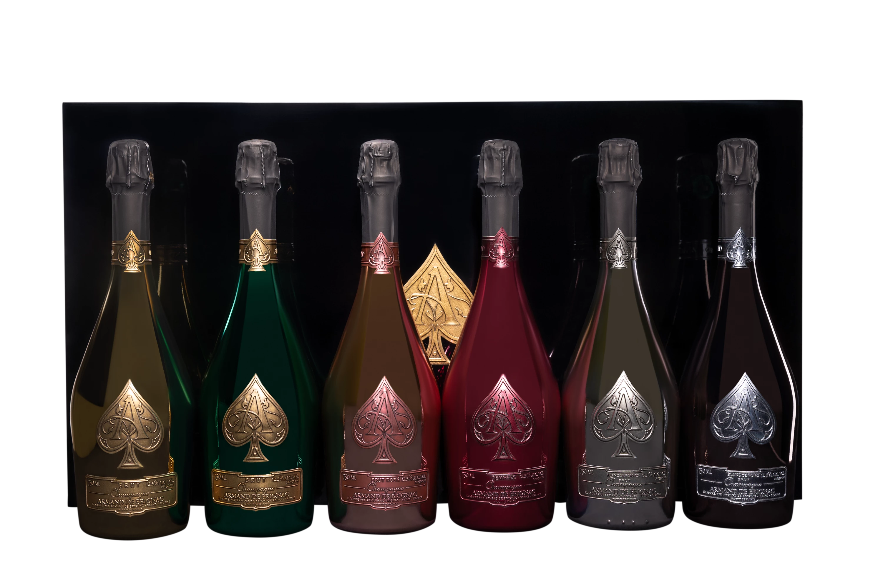 Maison Armand de Brignac - Champagne "La Collection : 1 Brut Gold 75cl - 1 Brut Green 75cl - 1 Brut Rosé 75cl - 1 Demi-Sec 75cl - 1 Blanc de Blancs 75cl - 1 Blanc de Noirs 75cl" Blanc NV 12.5° Wooden case, 450cl