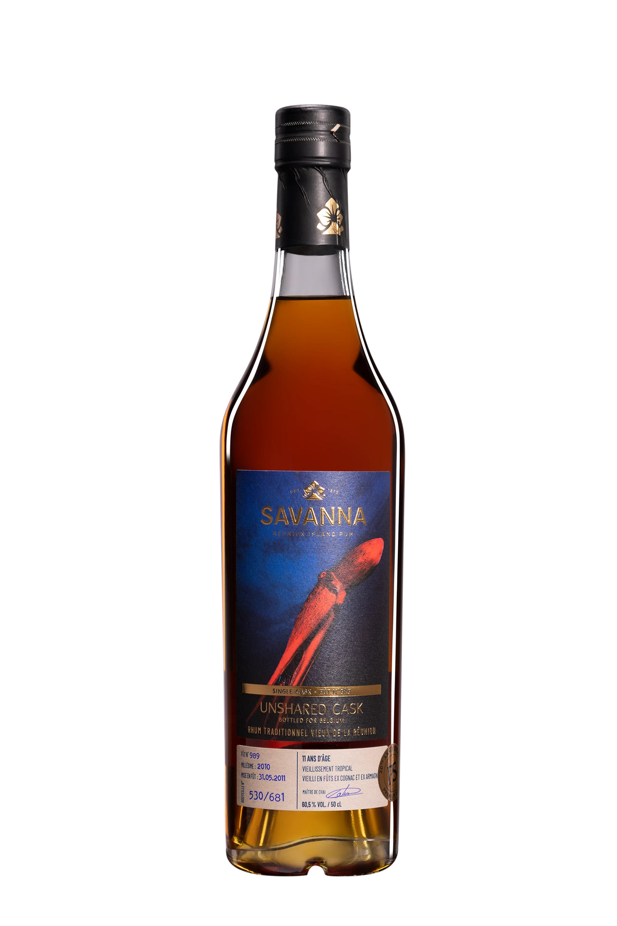 Savanna - Rhum Vieux de Mélasse de la Réunion "Unshared Cask - 11 Ans Traditionnel - Ex-Cognac et Armagnac #989" Brun 2010 Giftbox 60.5°, 50cl