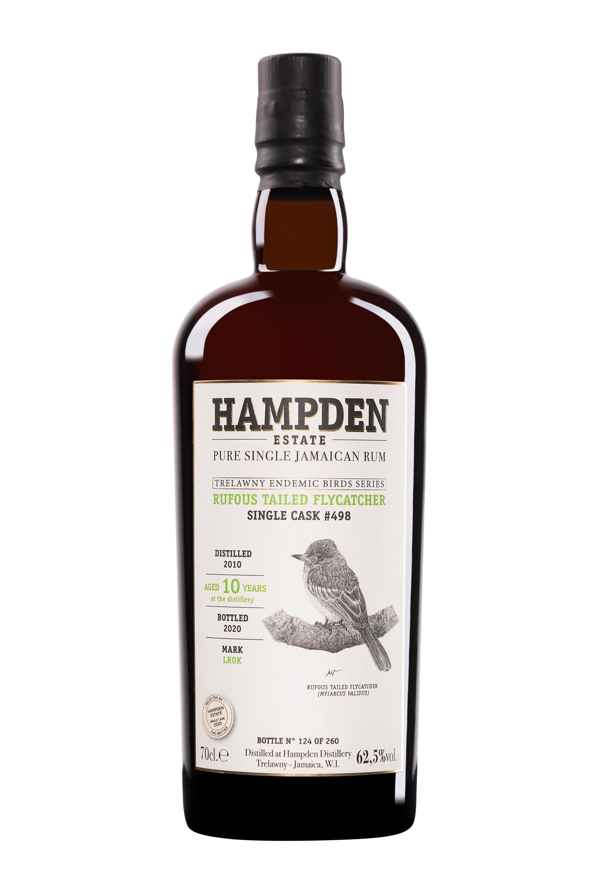 Hampden - Molasses Jamaican Rhum "10 Ans LROK Rufous Tailed Flycatcher - Single Cask #498 - Trewlany Endemic Birds Series" Brun 2010 62.5° Giftbox, 70cl