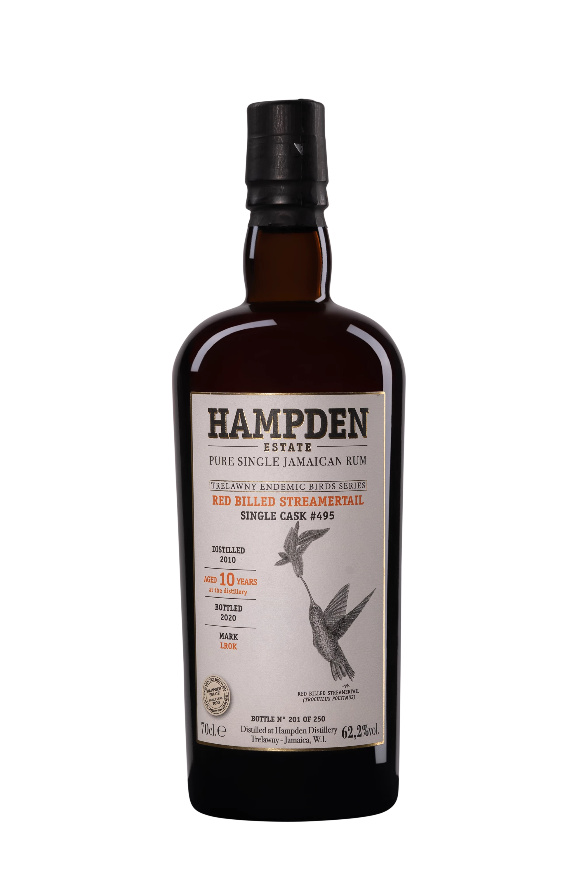 Hampden - Molasses Jamaican Rhum "10 Ans LROK Red Billed Streamertail - Single Cask #495  - Trewlany Endemic Birds Series" Brun 2010 62.2° Giftbox, 70cl