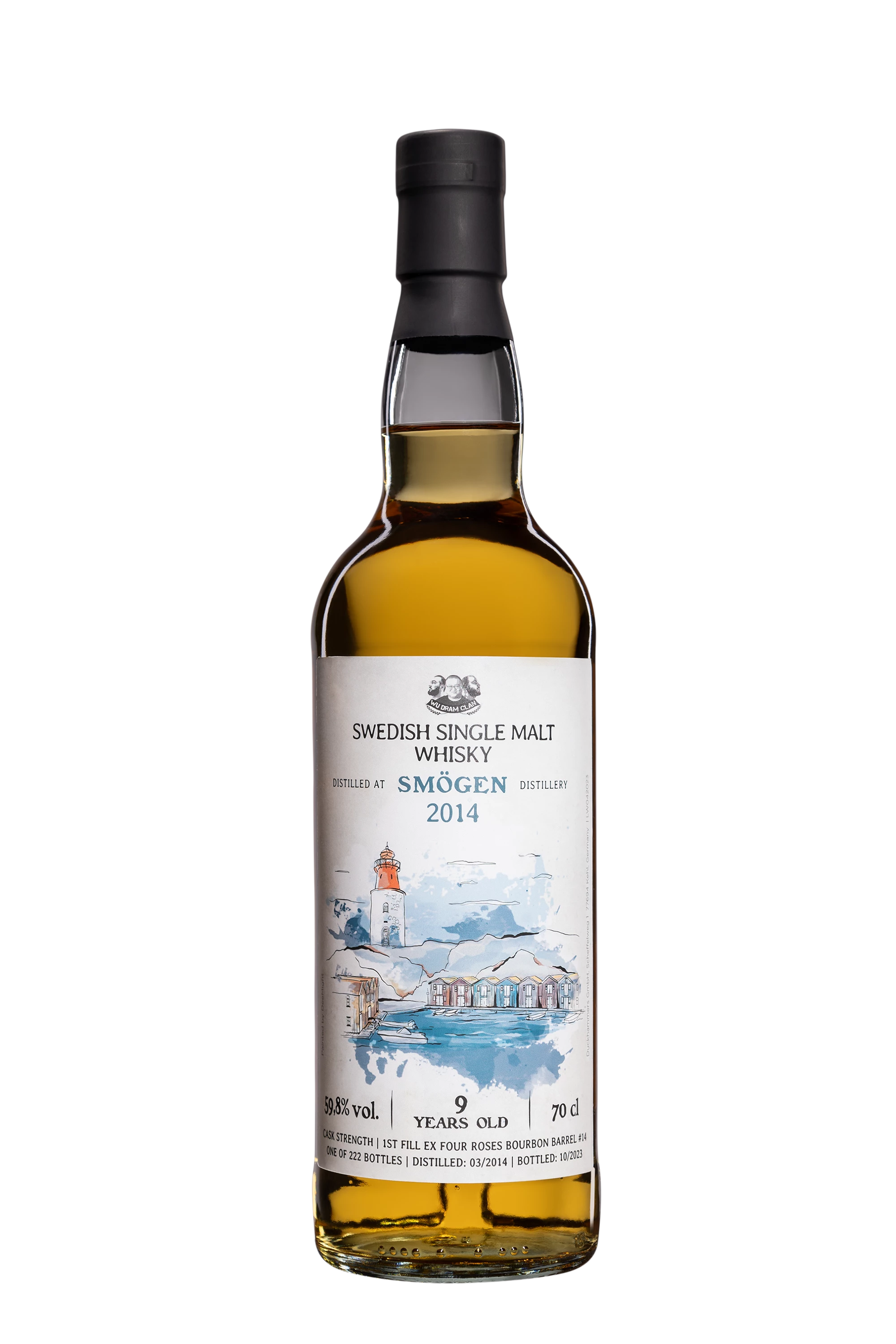Wu Dram Clan - Single Malt Swedish Whisky "9 Ans - Smögen - 1st Fill Ex Four Roses Bourbon Barrel #14" Brun 2014 59.8°, 70cl