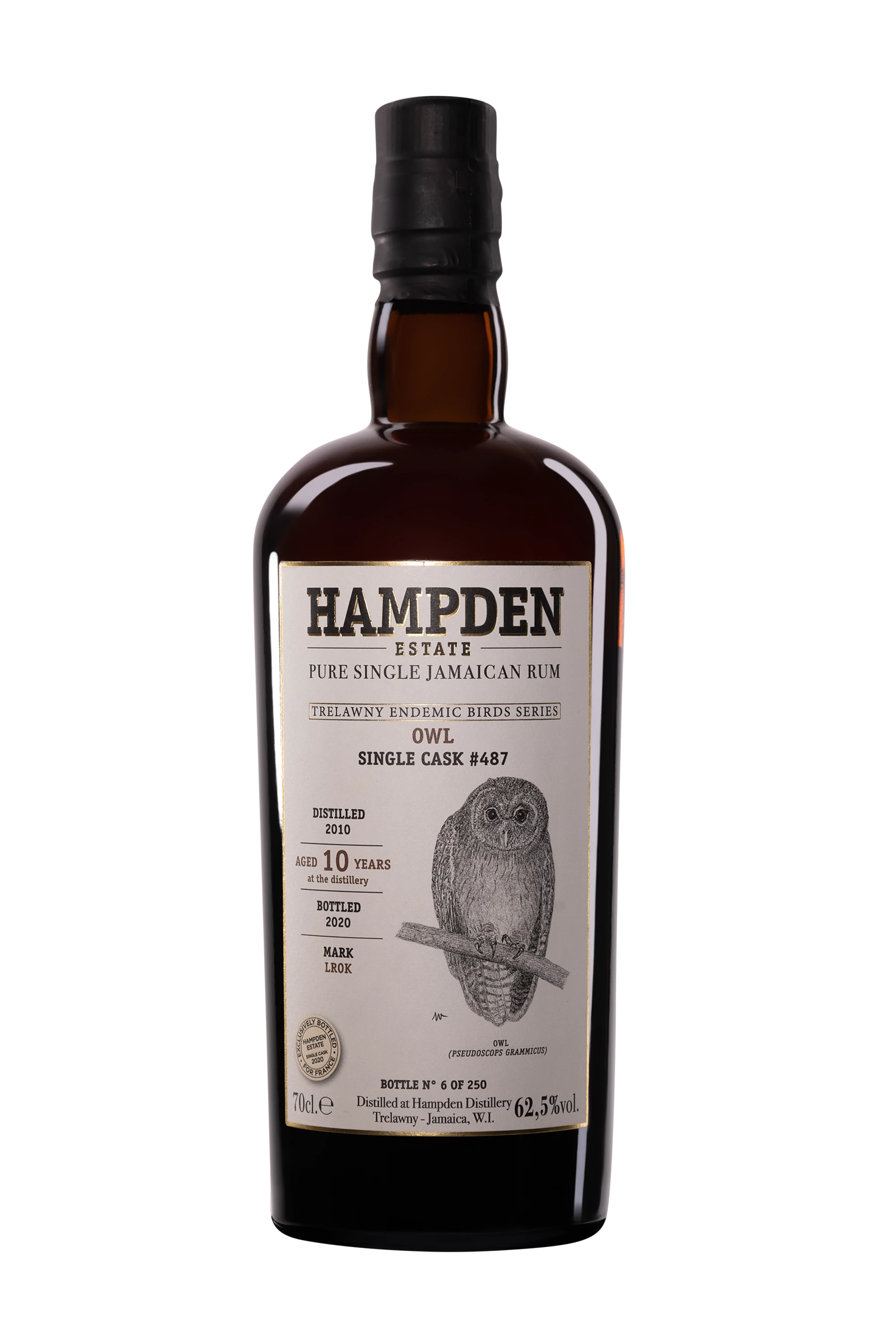 Hampden - Molasses Jamaican Rhum "10 Ans LROK OWL - Single Cask #487 - Trewlany Endemic Birds Series" Brun 2010 62.5° Giftbox, 70cl