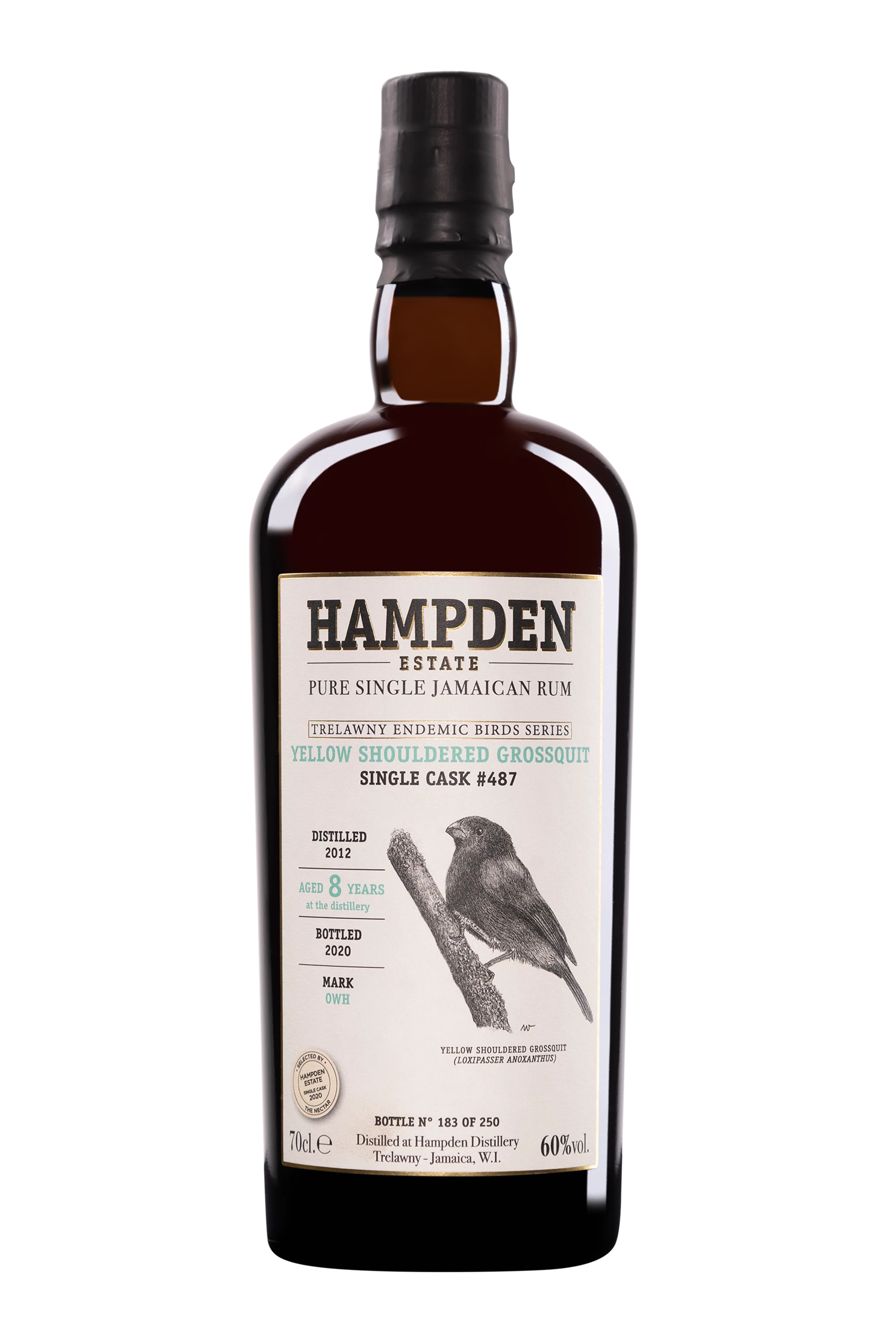 Hampden - Molasses Jamaican Rhum "8 Ans OWH Yellow Shouldered Grossquit - Single Cask #487 - Trewlany Endemic Birds Series" Brun 2012 60° Giftbox, 70cl
