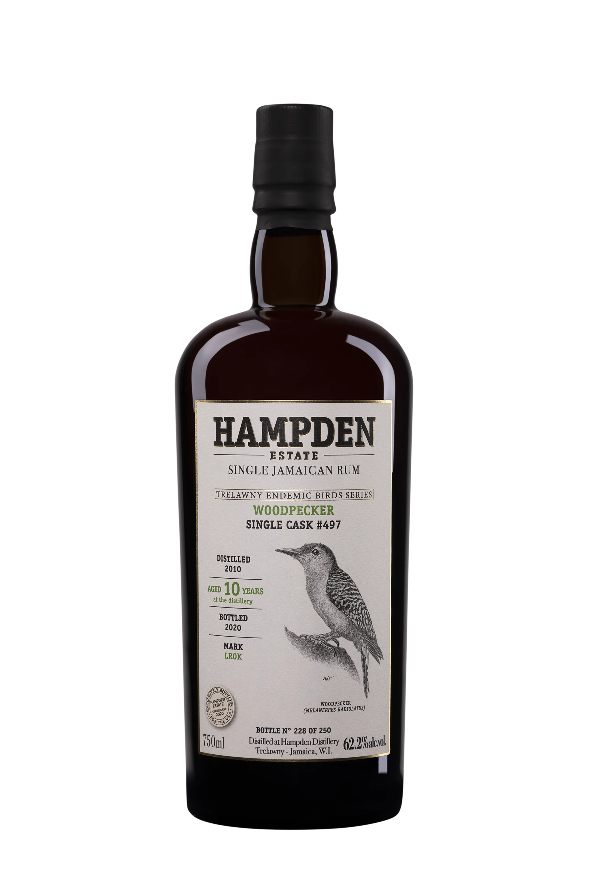 Hampden - Molasses Jamaican Rhum "10 Ans LROK Woodpecker - Single Cask #497 - Trewlany Endemic Birds Series" Brun 2010 62.2° Giftbox, 70cl